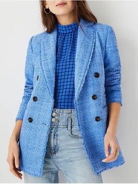 Ann Taylor women’s blue Fringe Tweed Double Breasted professional Blazer Plus 16